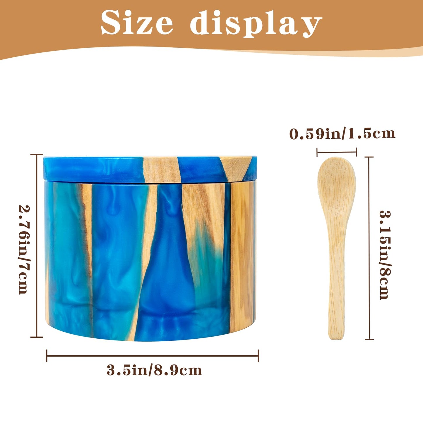 Skikibily Handcrafted Salt Box Resin Wooden Container Swivel Lid with Magnetic to Easily Open Seal Salt Cellar Free Spoon for Storing Salt Pepper Sugar Herbs Small Spice Box Storage Kitchen Accessory