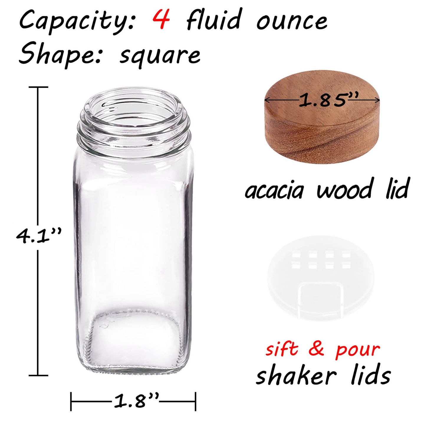 Churboro 48 Spice Jars with 547 Labels and Shaker Lids - Glass - 4 Oz Square Containers with Acacia Wood Lids, Chalk Pen, Funnel Seasoning Jars for Spice Rack, Cabinet, or Drawer