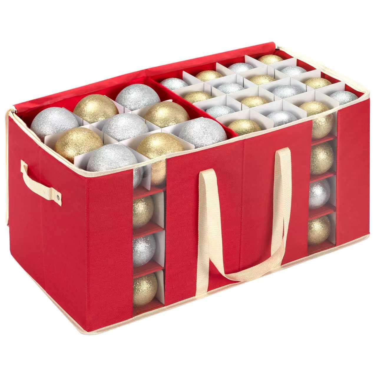 DIMESHY Large Christmas Ornament Storage Box With Adjustable Dividers,Ornament Storage Container with Two Handlesfor 128 Holiday Decorations,Red