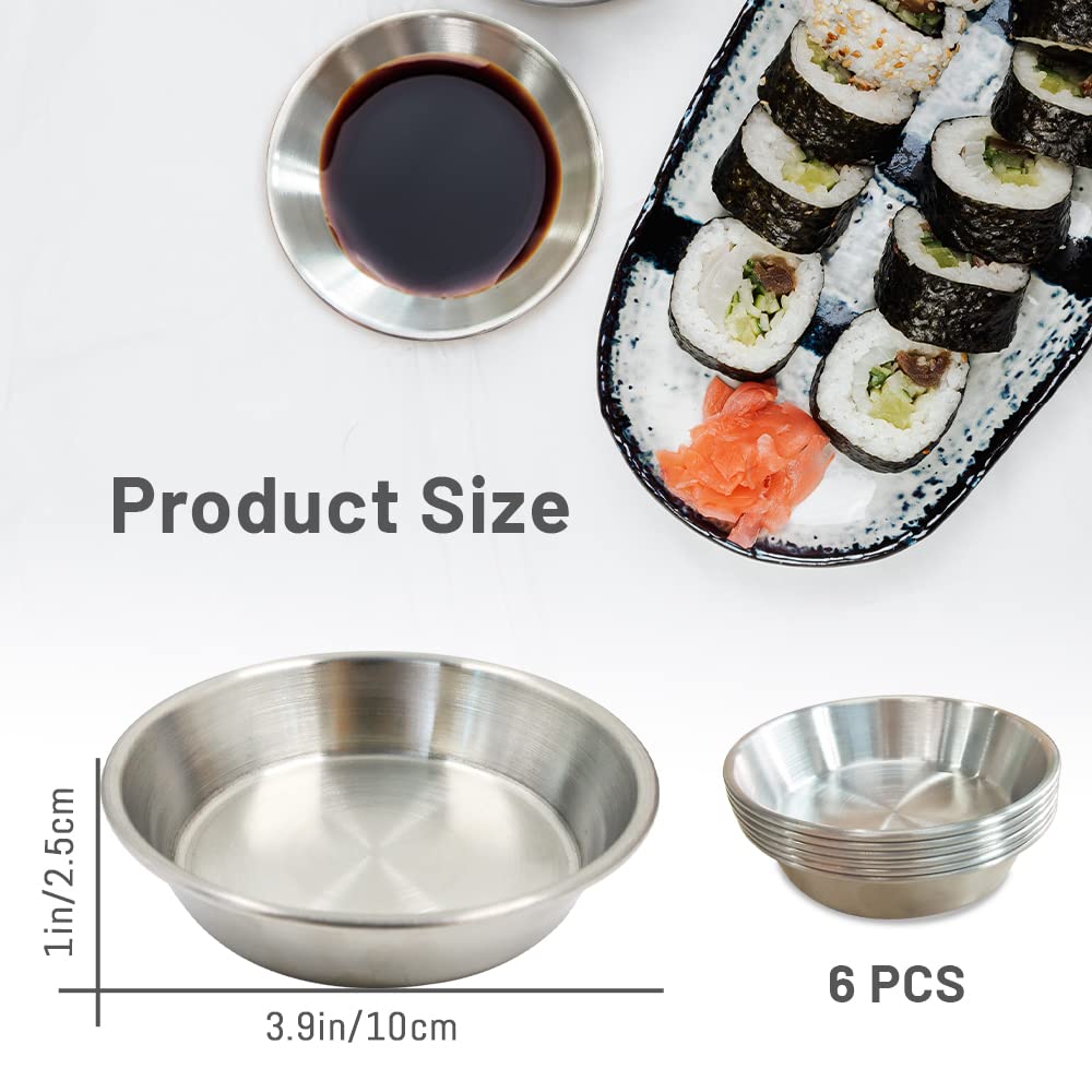 Huakaile 6Pcs Stainless Steel Sauce Dishes Round Seasoning, Soy Sauce Dipping Bowls 2 Oz, 4 Inch Pinch Bowls for Cooking Prep Metal, Sushi Appetizer Plates for Appetizer, Ketchup, Dessert (Silver)