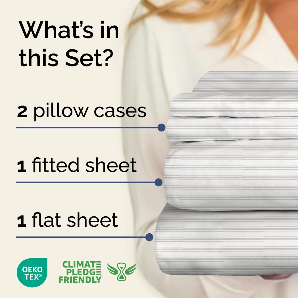 Grey Striped Sheets - 1 Flat & 1 Fitted Sheet & 2 Pillowcases w/ Deep Pockets - Comfy, Cozy, Wrinkle & Fade Resistant - Ultra Soft, Breathable and Cooling - Luxury Pinstripe Bedding - Full Size