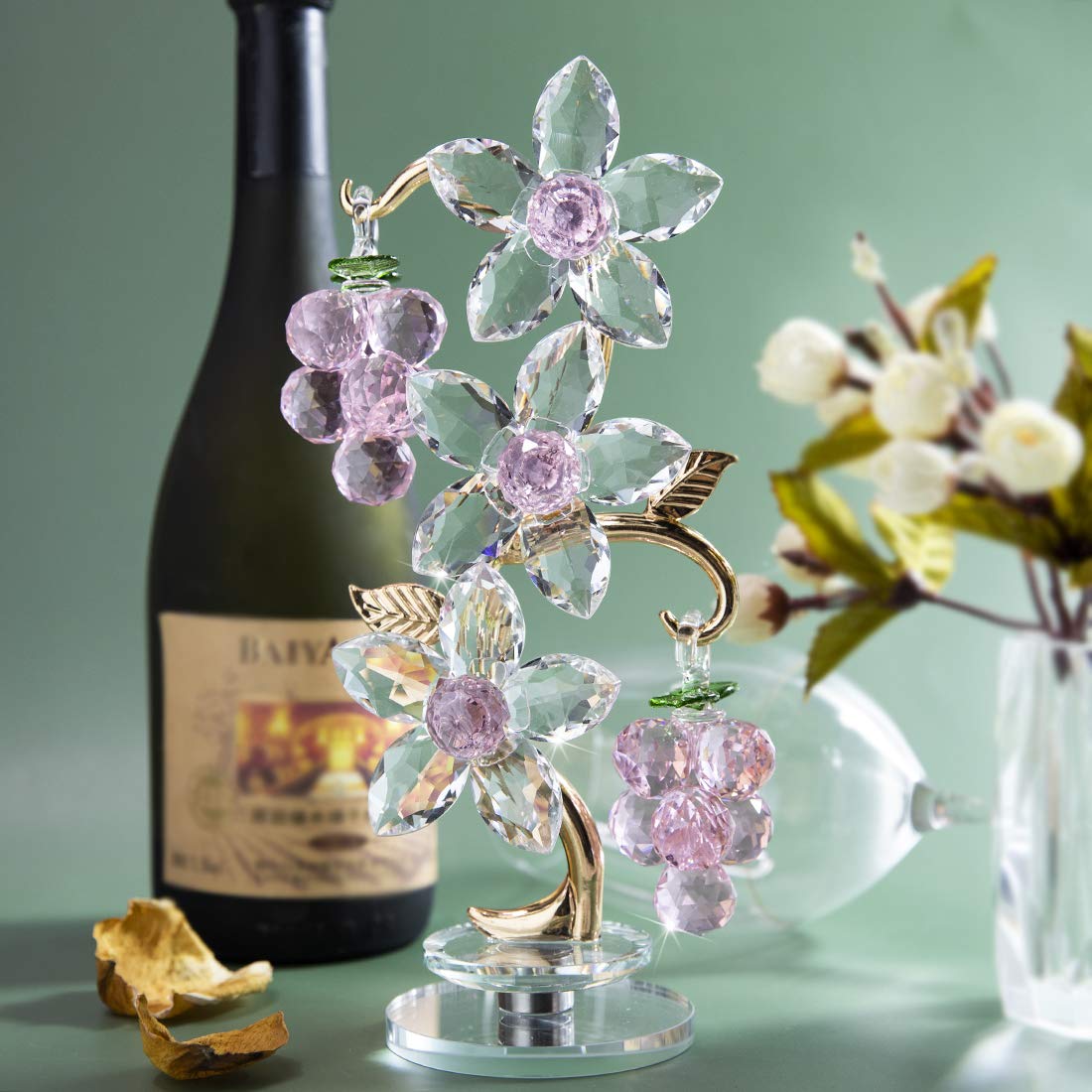 Rotating Pink Crystal Grape Figurine Table Centerpiece Decor