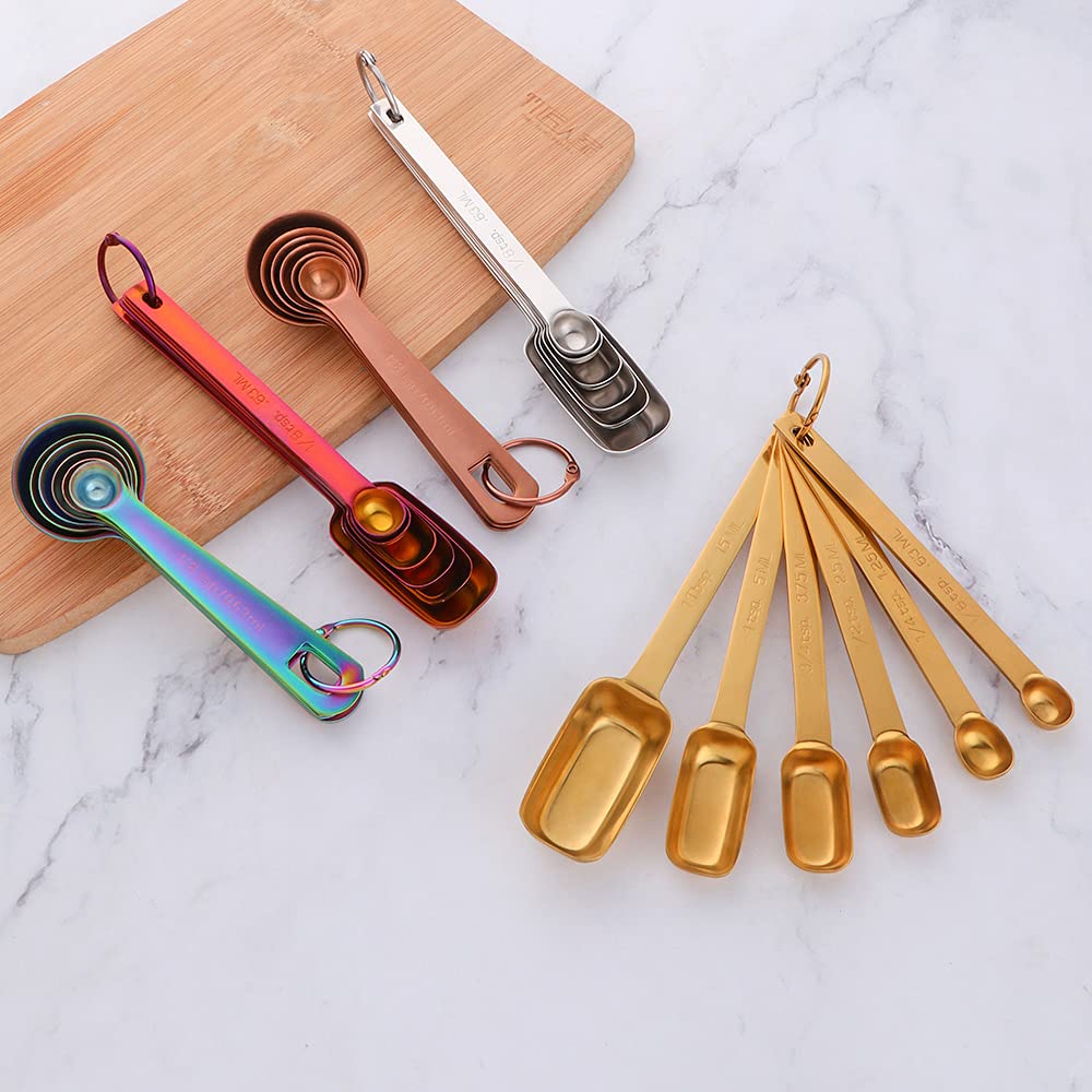 DOCBLACK 6PCS Measuring Spoons Set, Premium Heavy Duty Stainless Steel Metal Kitchen Measuring Tools Set, for Cooking Baking, for Dry or Liquid, Fits in Spice Jar - Rainbow