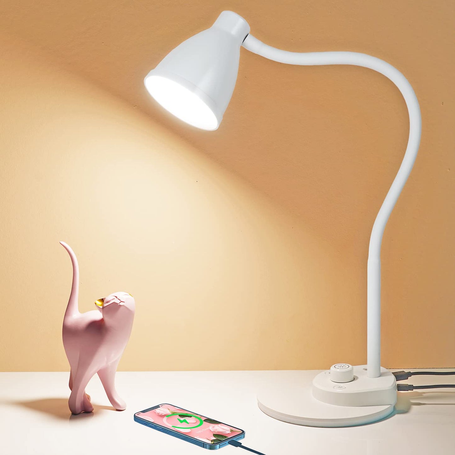 BOHON LED Table Lamp with USB Charging Port, 3 Color Modes Dimmable Reading Lamp, Automatic Dimming Task Lamp, Flexible Goose Neck Table Lamp for Dorm Bedside Table with Adapter, White