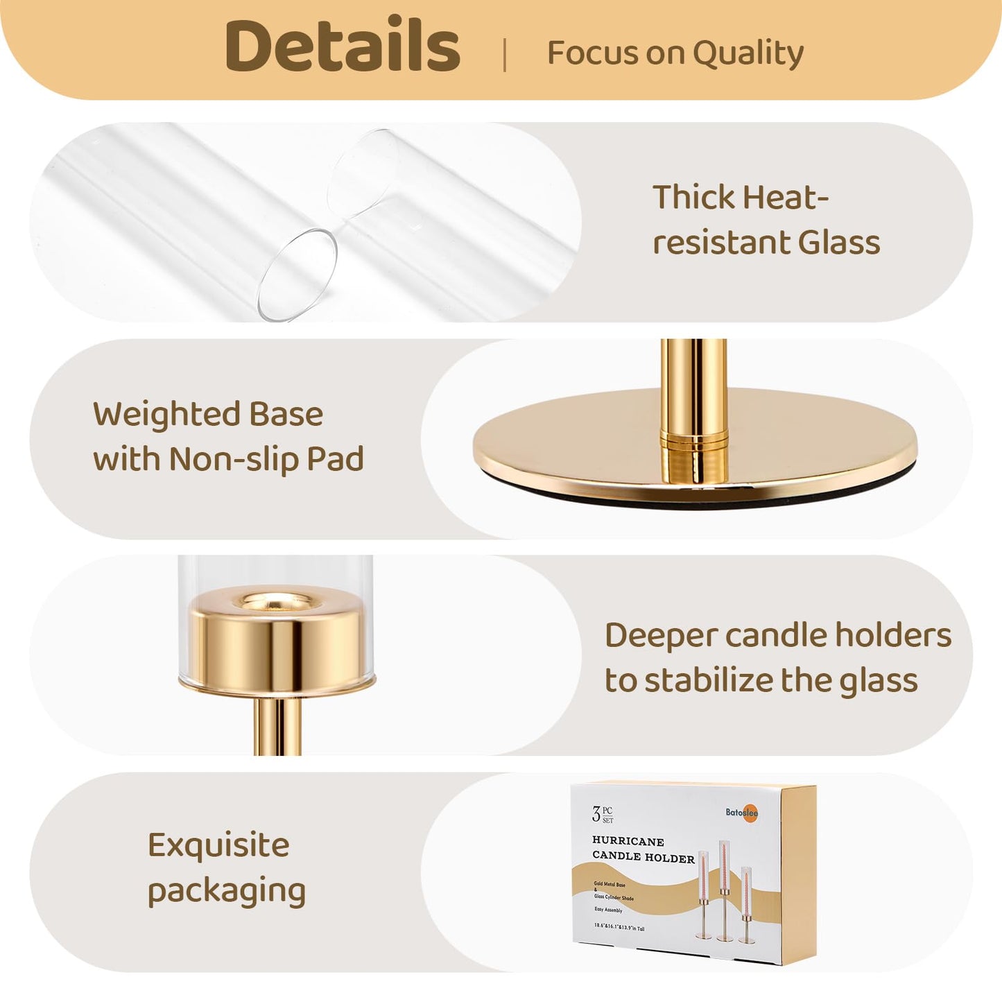Gold Hurricane Glass Candle Holders Set of 3 Brass Taper Candlestick Holder
