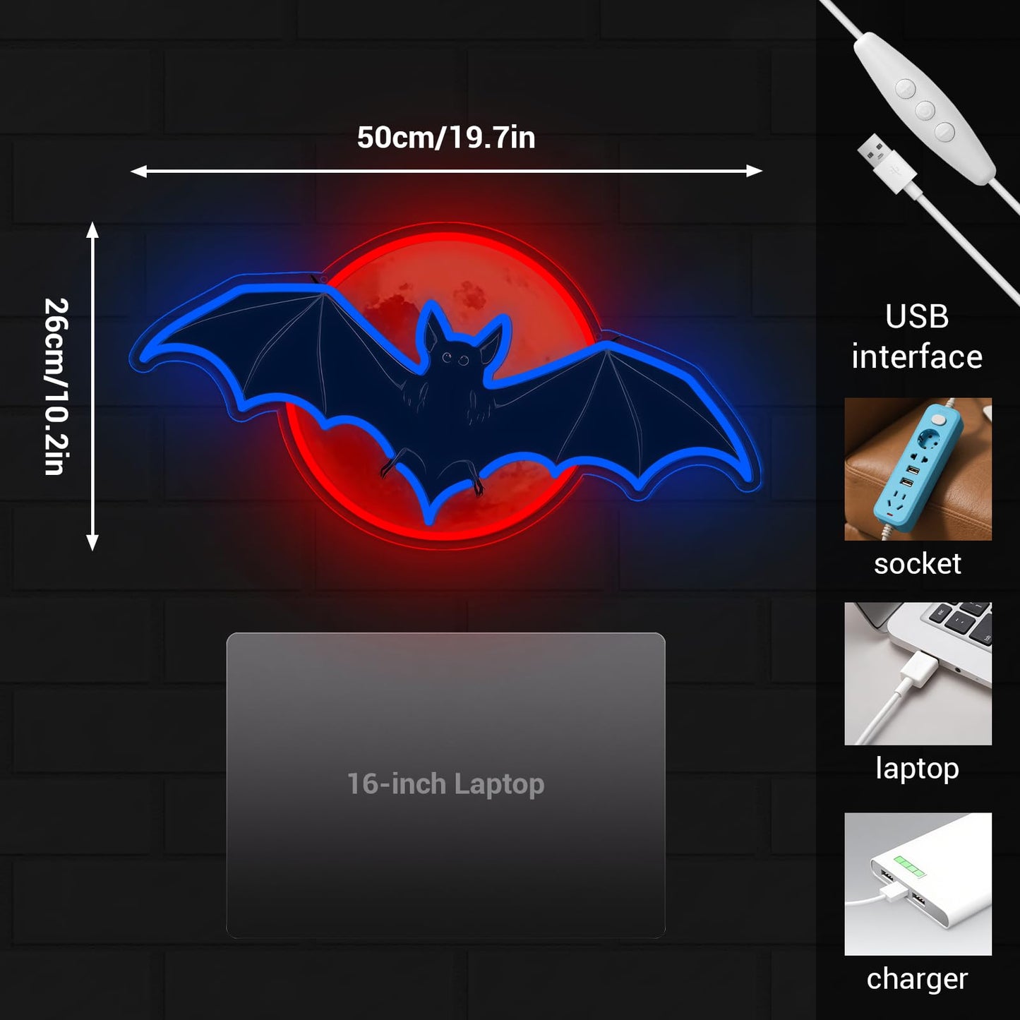 LMHSE Bat Moon Halloween Window Decorations, Neon Signs for Decorating Rooms, Windows, Funny Home Decor, Party, Halloween Decoration USB Powered (Black - Bat)