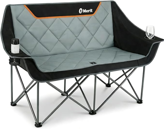 EMERIT Oversized Fully Padded Camping Chair, Heavy Duty 650LB Folding Camping Loveseat, Quad Fold Double Camping Couch with Cup Holders & Carry Bag for Outdoor, Lawn, Sports Events | HIgh Back, Rip resistance, Extra Wide Design, Cross-bracing Hubs, Eas...
