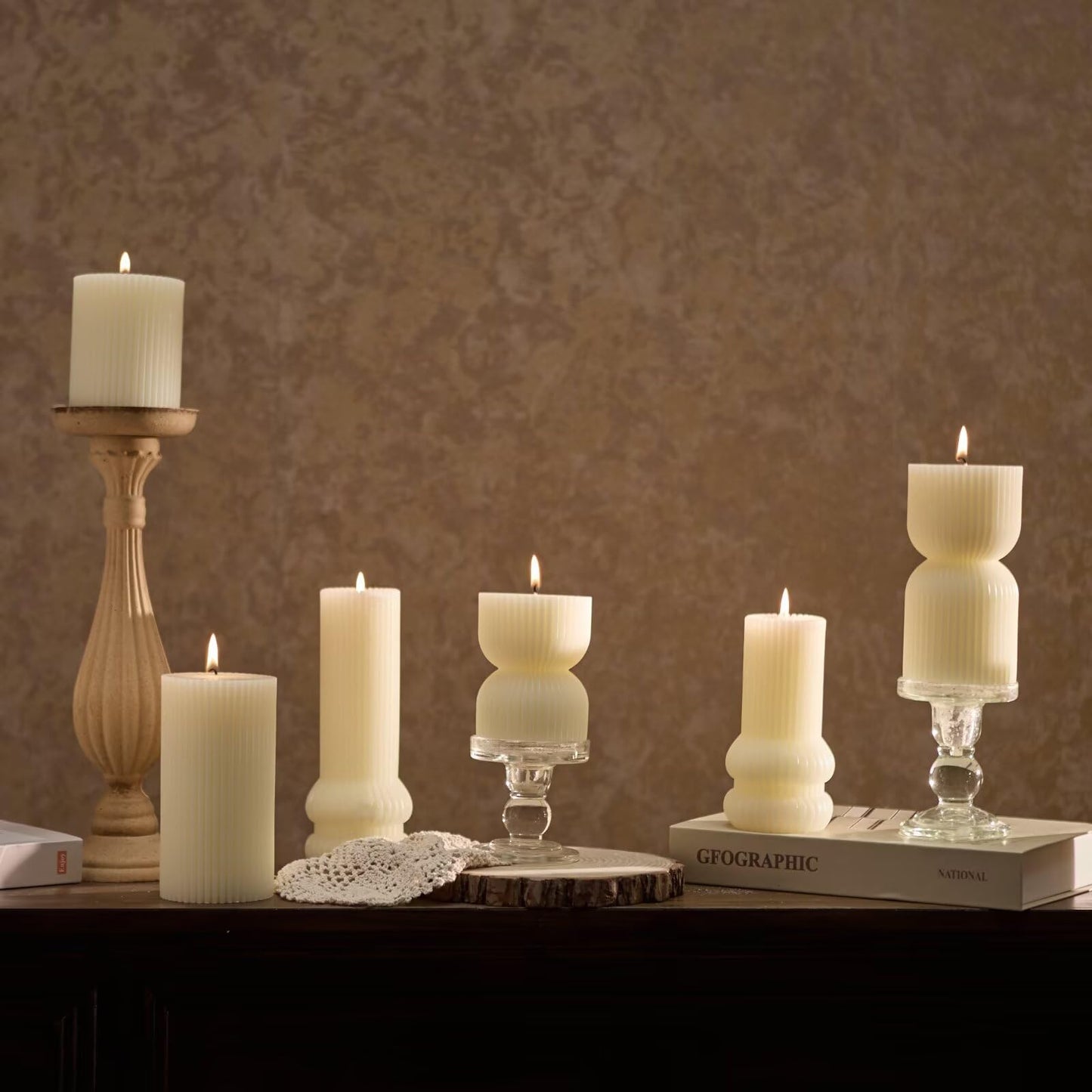 MOZEAL Hand-Poured Curved Ribbed Soy Blend Pillar Candles Set of 3 - Decorative Ivory Unscented Dripless Smokeless (3x4,6",8") 300 Hr Burn - Cozy Ambiance