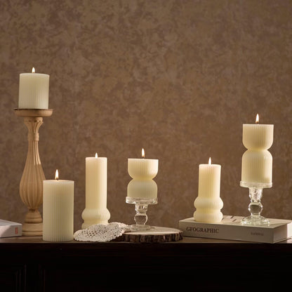 MOZEAL Hand-Poured Curved Ribbed Soy Blend Pillar Candles Set of 3 - Decorative Ivory Unscented Dripless Smokeless (3x4,6",8") 300 Hr Burn - Cozy Ambiance