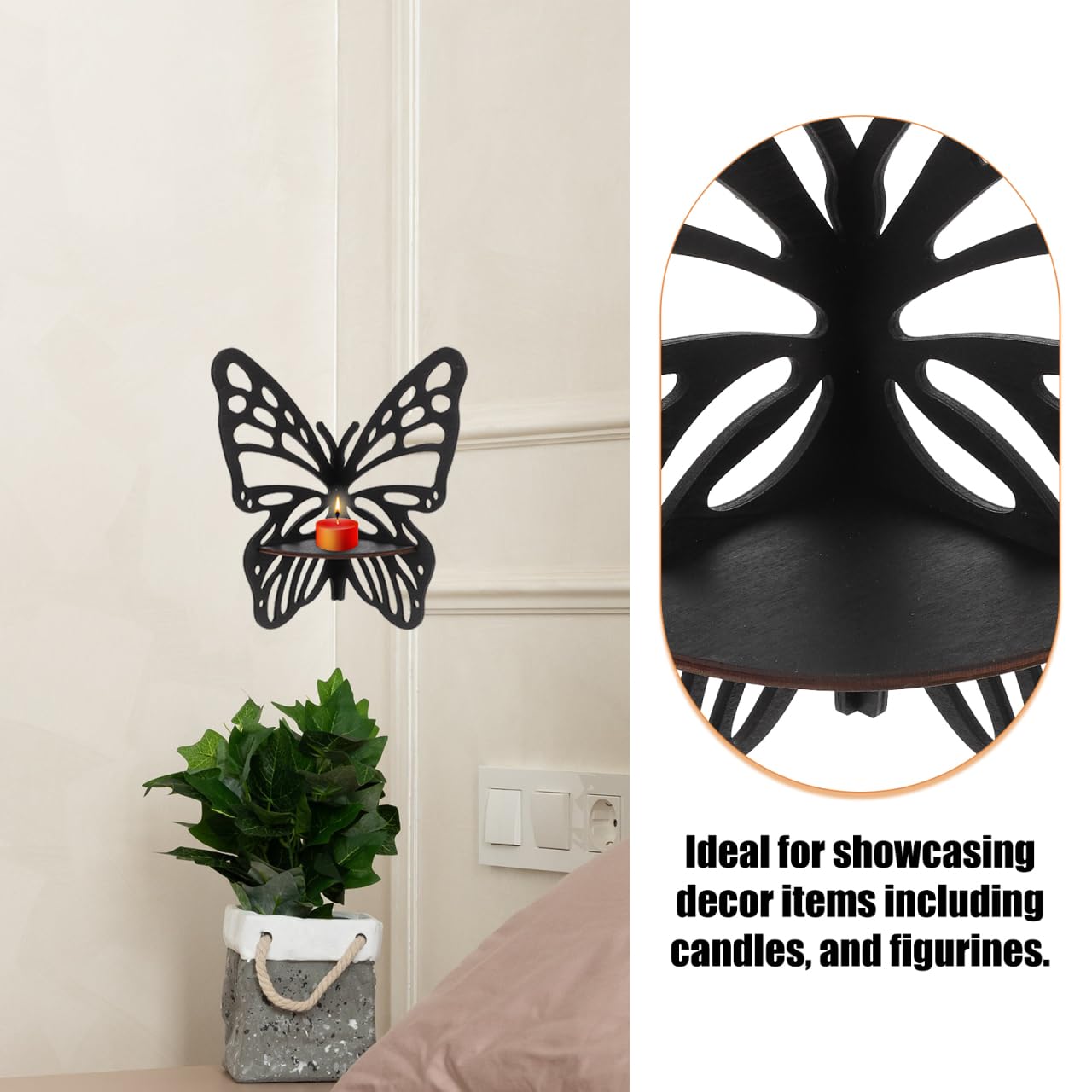 HOOTNEE Butterfly Corner Wall Shelf 11.22X8.85In Wooden Floating Display Rack for Crystal Stones Ornaments and Home Decor Accent