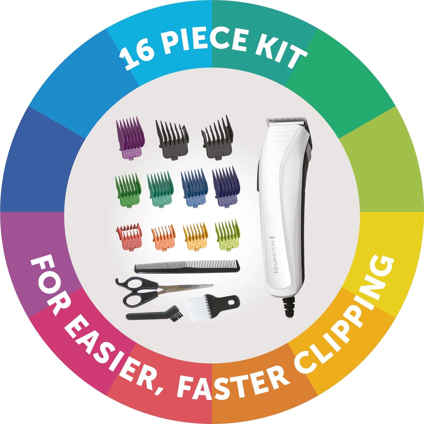 Remington Colour Cut Hair Clippers Kit (Corded, Stainless Steel Self-Sharpening Blades, Comfort Tip Blades, Taper Lever (0.5-2mm), 9 Colour Coded Combs (1.5-25mm), Scissors & Comb) HC5035