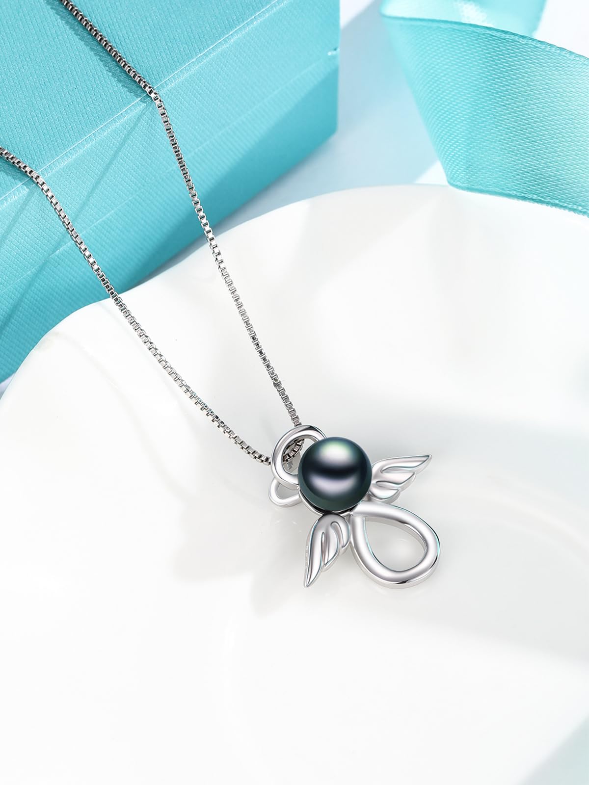 KANNSOAR Tahitian Black Pearl Necklace for Women 18K White Gold Plated Sterling Silver Angel Pendant Necklace Black Pearl Jewelry Gifts for Wedding Graduation Birthday Anniversary