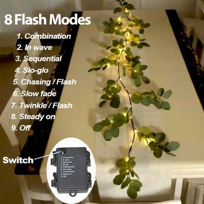 6.56FT Eucalyptus Garland with Lights 96 LEDs 8 Modes Battery Operated with Timer Faux Twig Vine Lights Spring Greenery Garlands for Mantle Fireplace Wall Table Stairs Wedding Party Bedroom Home Decor