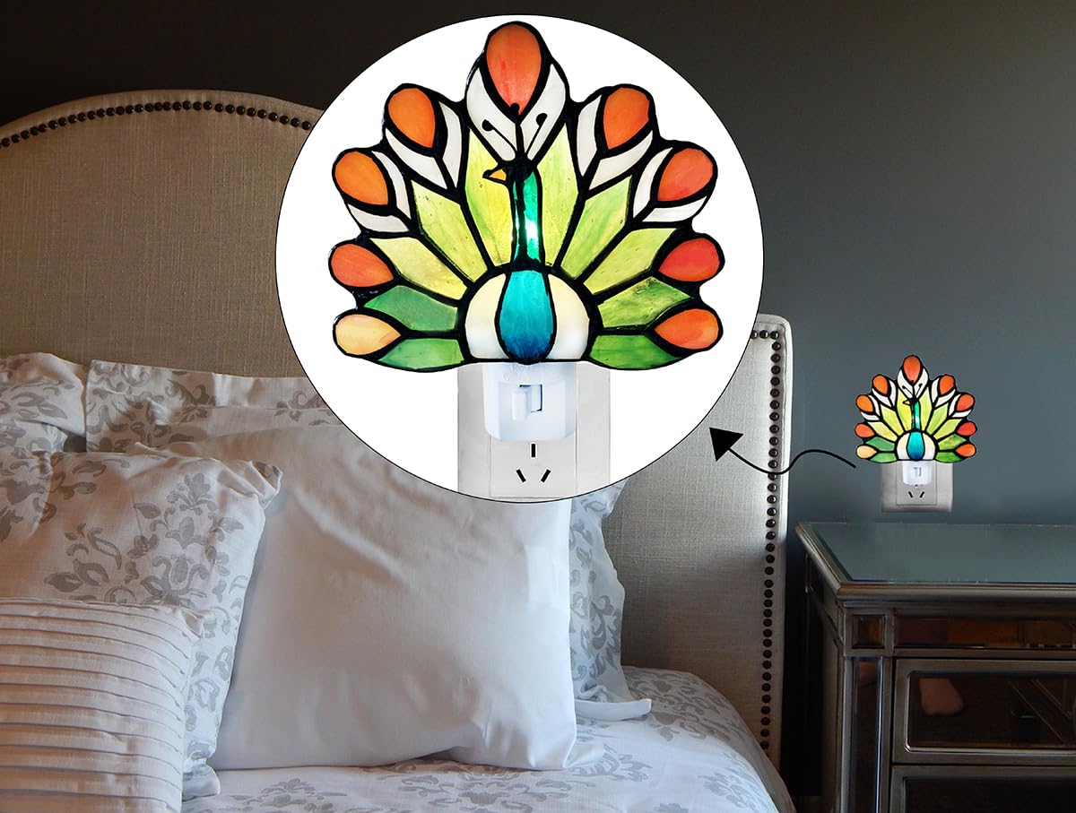 WKINGDIY Tiffany Stained Glass Peacock Night Light WKD1003 (Green、Orange) Tiffany Glass Night Light, Peacock Pattern, Stained