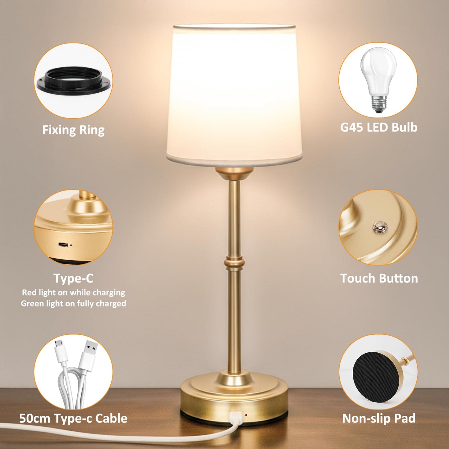 Rechargeable Cordless Table Lamp Gold: 6000mAh Battery Operated Light for Living Room, 3000K Warm Light Stepless Dimming Touch Control, Small Wireless Portable Lamp Decor for Bedside Dining Counter