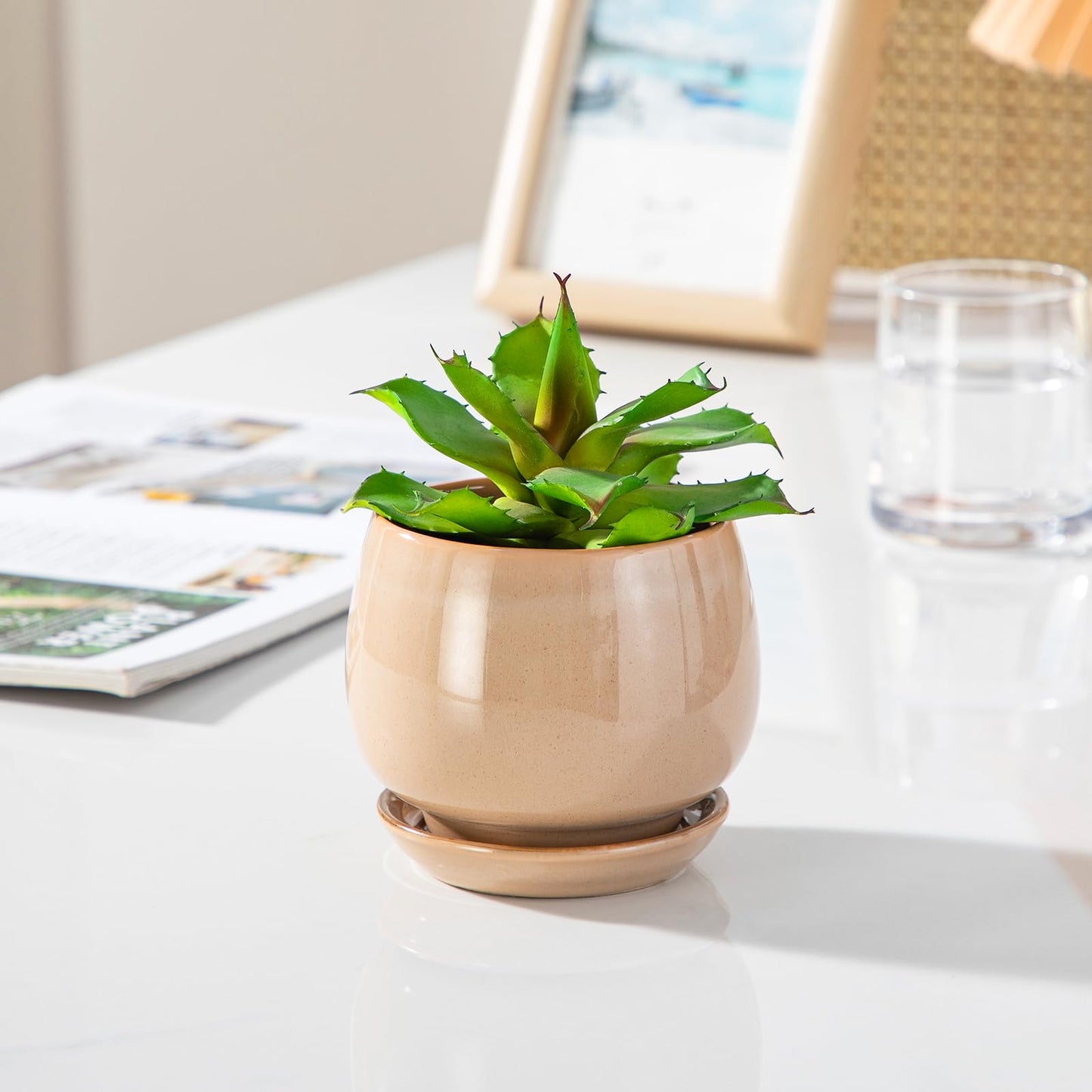 vancasso 3-Pack Ceramic Plant Pots, 3.7/4.8/6.2 Inch Indoor Planters with Saucers & Drainage Hole Planter pots for Indoor Plants and Flower, Brown