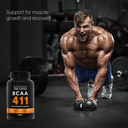 Bandini® BCAA 4:1:1 150 Tablets - Branched Chain Amino Acids BCAA 4.1.1 - Leucine, Isoleucine, Valine with Vitamin B1 & B6-100% Vegan, No GMO - Food Supplement for Pre & Post Workout Muscle Recovery