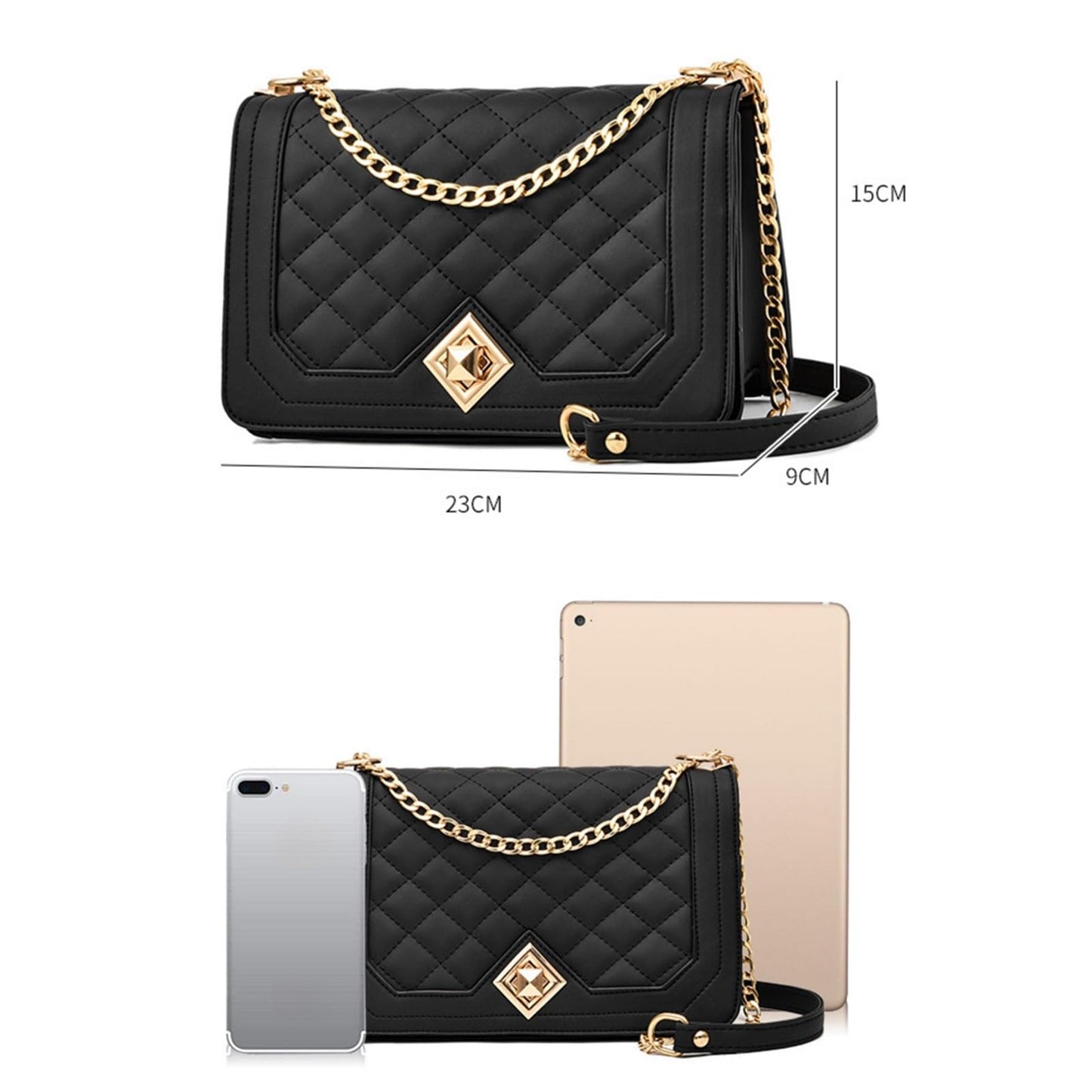Travistar Crossbody Bags for Women Small Ladies Shoulder Bag Purse PU Leather Quilted Handbags with Gold Chain Strap Fashion Cute Cross Body Phone Bag Side Purses Black Evening Clutch