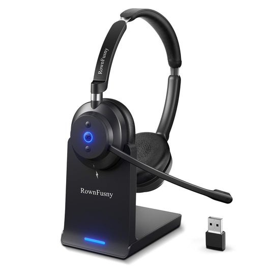 Wireless Headset with Mic for Work, Clear Sound ＆ Comfortable ＆ Stable Connection, Bluetooth Headphones with Microphone, Wireless Headset with Charging Base & USB Dongle for Office/Home/Call Center