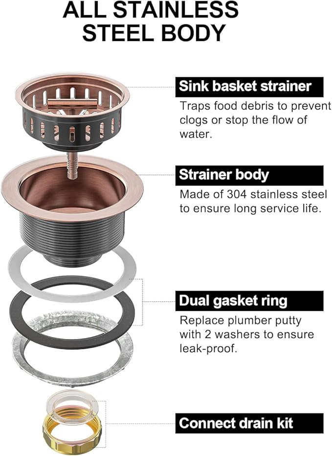 BOTEMY B9171 Copper Kitchen Sink Drain Kit 3 1/2 Sink Strainer