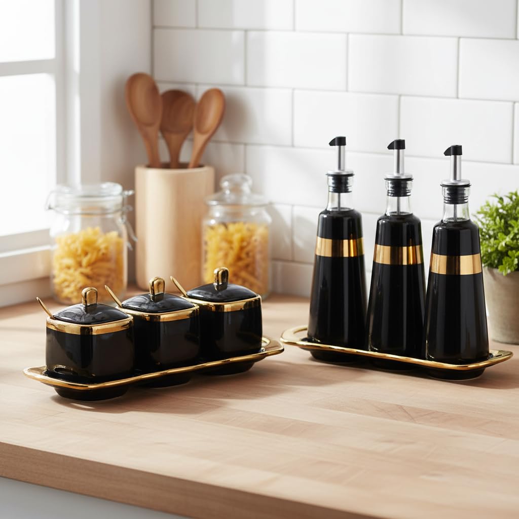 Fvstar Black Sugar Bowl with Lid and Spoon,Ceramic Condiment Jars Spice Container with Tray,Sugar and Salt Bowls,Gold Condiment Containers Pots Seasoning Box Set of 3 for Kitchen Coffee Bar