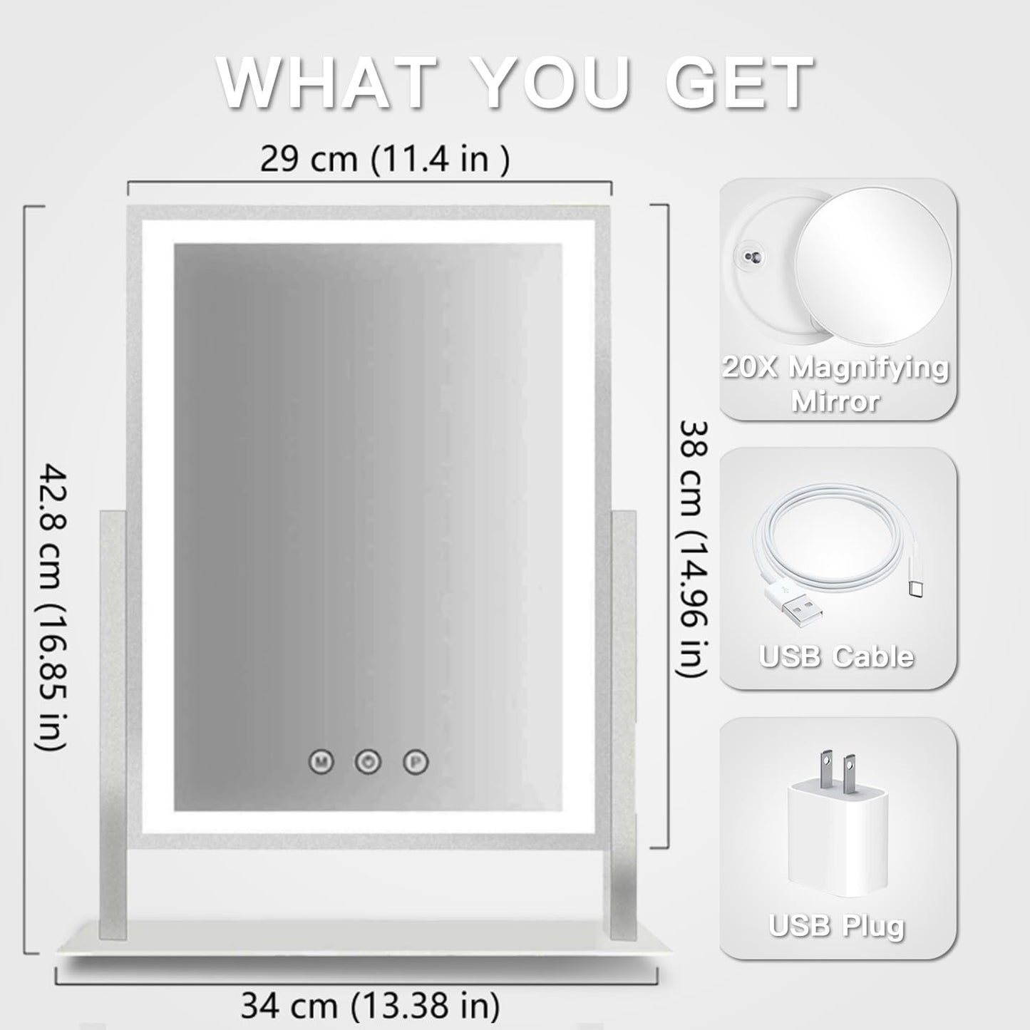 HIEEY Lighted Makeup Mirror, Hollywood Vanity Mirror with Lights, Three Color Lighting Modes, and 5X Magnification Mirror, Smart Touch Control, 360°Rotation (17.3in,White,Gift Box)