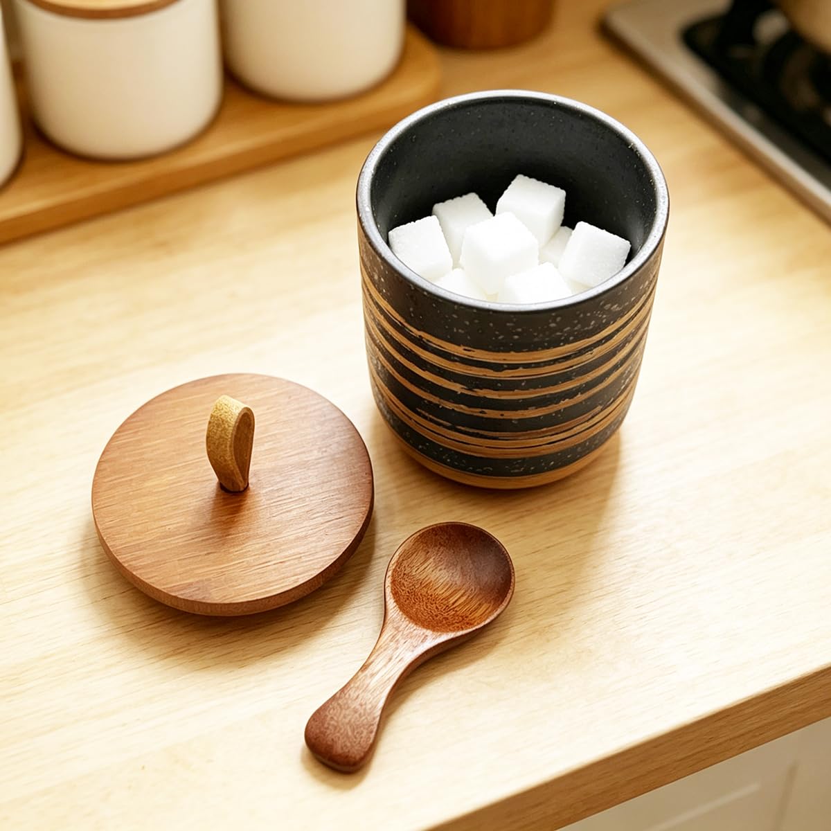EWEIGEER 10oz Ceramic Food StorageContainer with Lid & Spoon,Sugar Bowl,Airtight Coffee Matcha Containe,Loose Leaf Tea Storage,Salt Cellar,Spice Jar(Black Spiral Pattern)