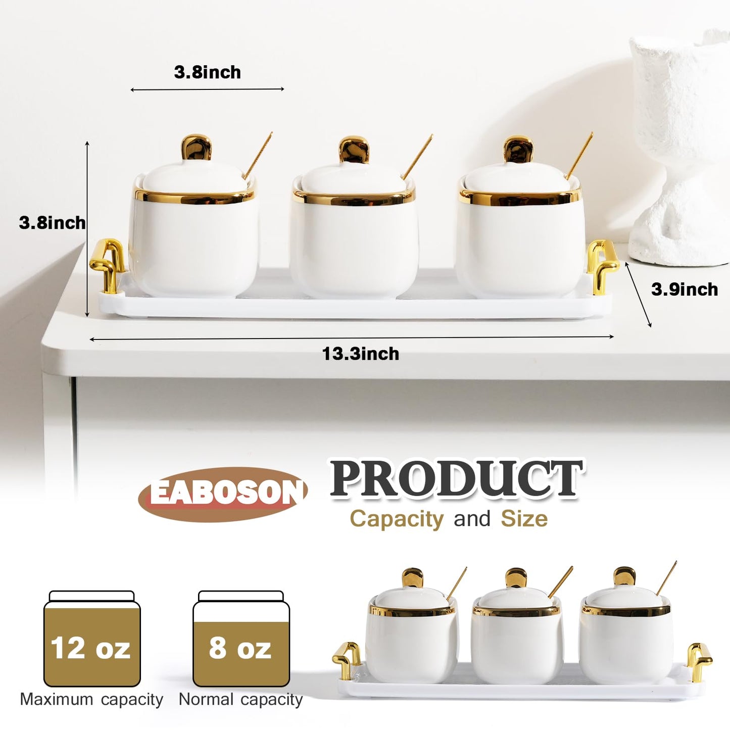 EABOSON 3 Pack Gold Condiment Spice Jars with Lids, Spoons, Tray - Ceramic Seasoning Box Set for Salt, Pepper, Sugar - Kitchen Storage