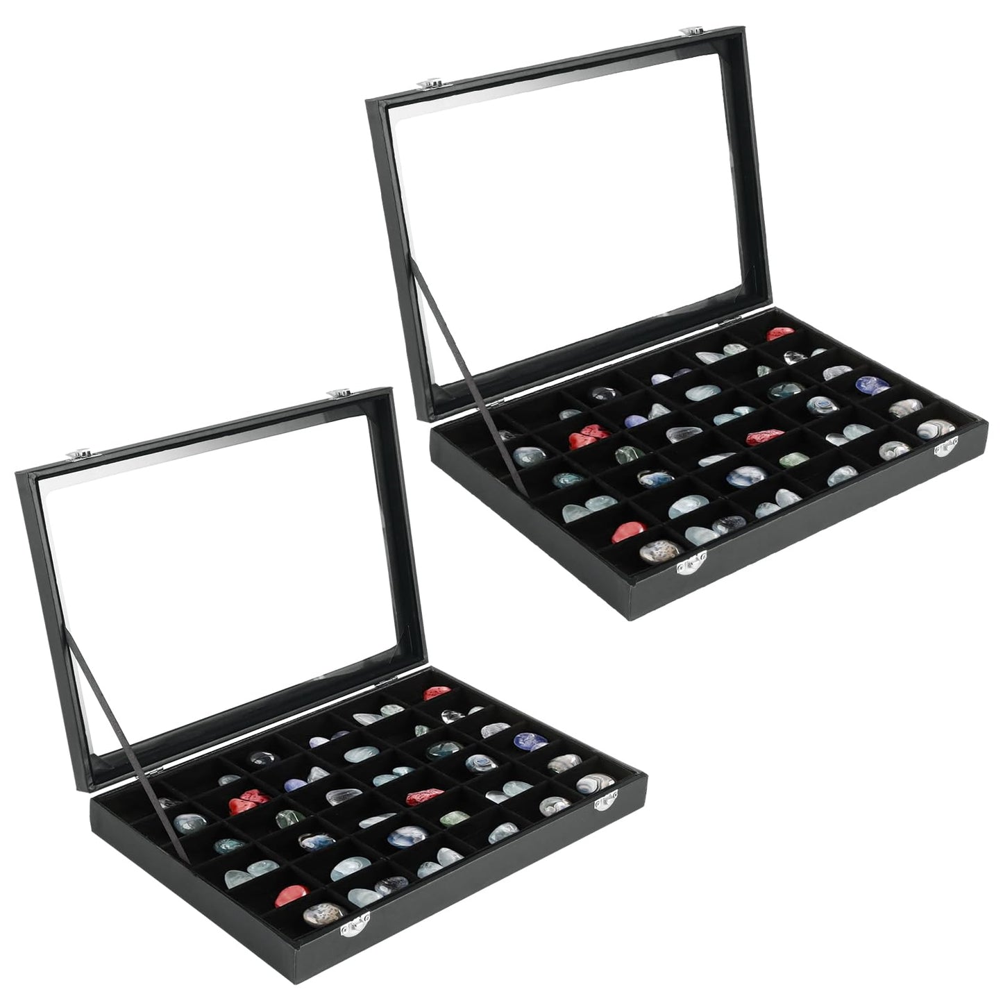 Acrux7 2 Pack Rock Collection Display Case, 36 Grid Rock Display Case, Black PU Leather Rocks Collection Box with Clear Glass Lid and Soft Velvet Grids for Collectibles, Gemstone, Crystal, Small Stone