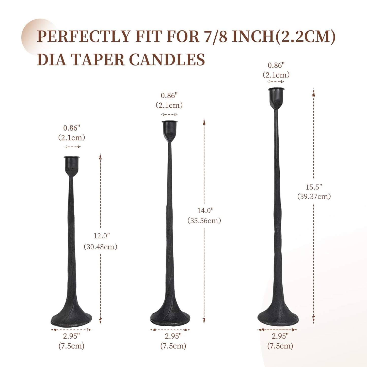 Set of 3 Candle Stick Holders, Iron Black Candlestick Holders, Fits 3/4 inch Fits 3/4 inch Thick Candles, Tapered Candle Holders Tall Set for Dining Table, Wedding, Home Decoration
