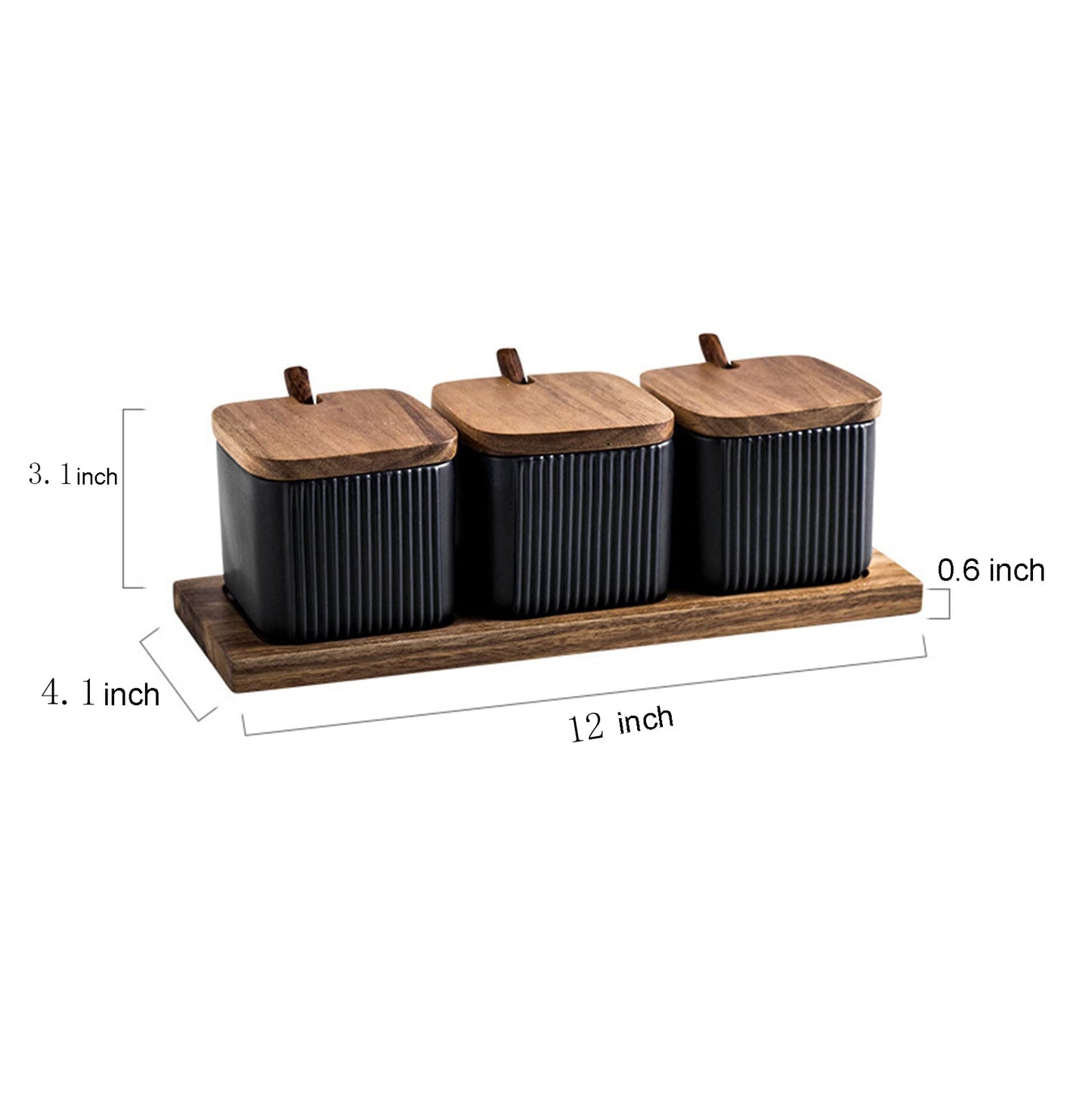 BIHOIB Black Porcelain Sugar Bowl Condiment Pot Salt Container with Wooden Lid, Spoon and Tray, Modern Spice Box Seasoning Jar, Set of 3