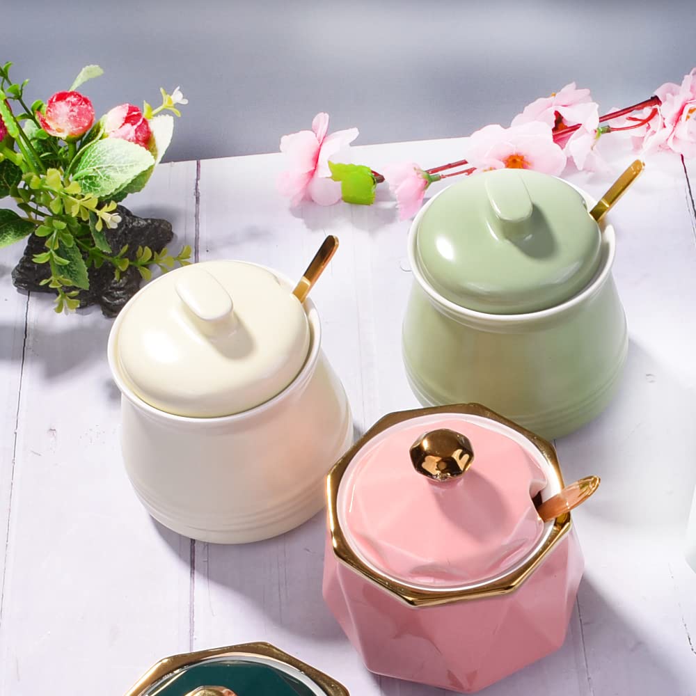 Sugar Bowl with Lid and Spoon, Ceramic Sugar Bowl,Multi-Function Sugar Container Spice Container Salt Jar Condiment Bowls Sugar Jar for Kitchen Storage Organization (Green)