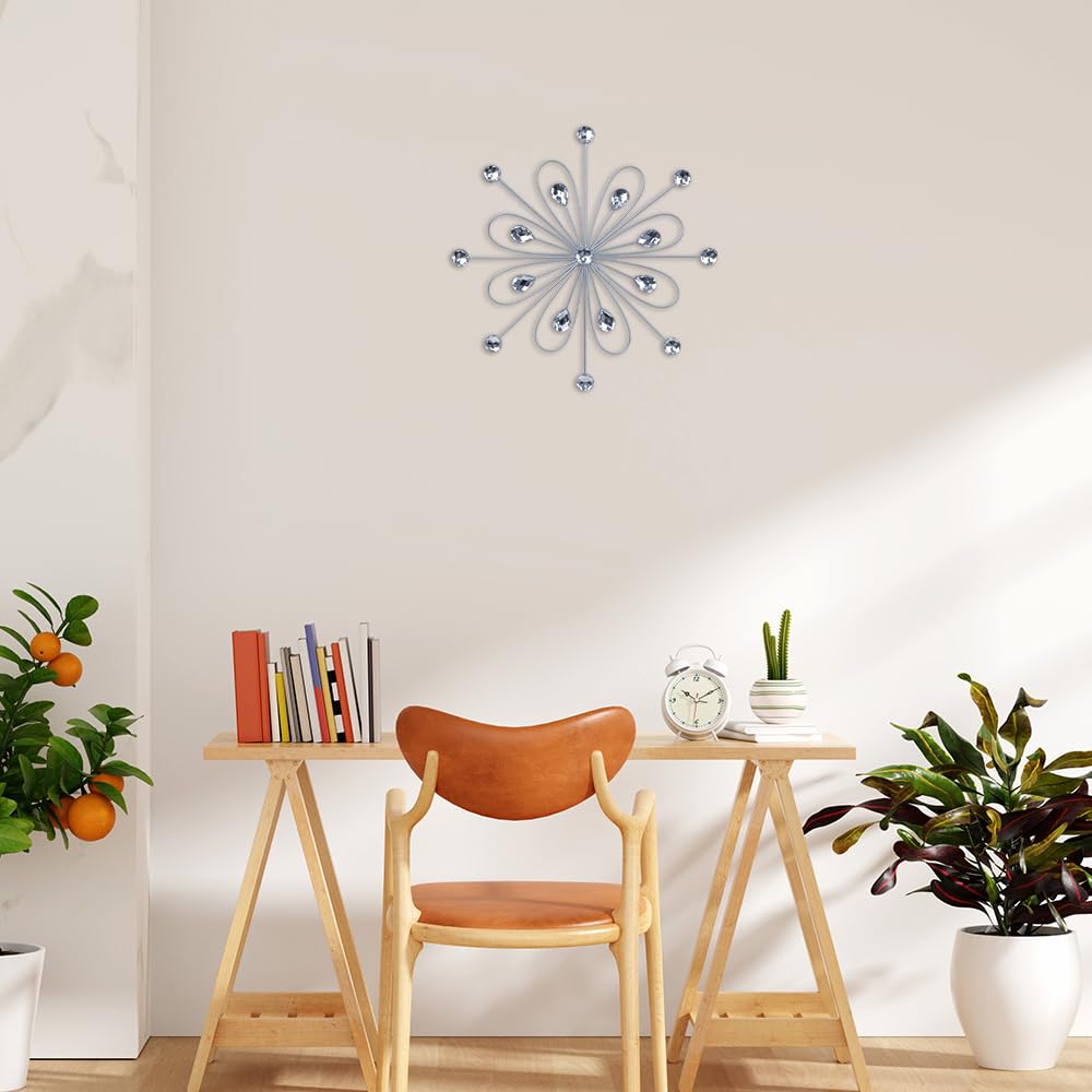 hogardeck Metal Flower Wall Decor, 11inch Silver Metal Jeweled Wall Art Bling Crystal Home Décor, Sun Burst Rhinestone Wall Hanging Diamond Accents for for Indoor, Outdoor, Living Room, Bedroom