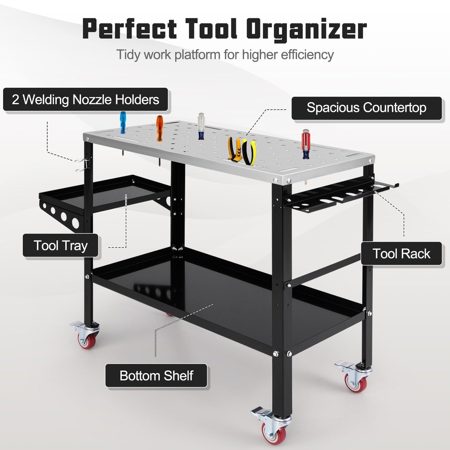 ERGOMASTER Welding Table 36'' x 18'',1200LBS Steel Weld Workbench with Wheels, 8 Tool Slots and 5/8" Fixture Holes for Welder Garage & Workshop