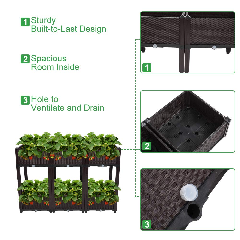 VINGLI Square Raised Garden Bed, Self-Watering Plastic Planter for Indoor Outdoor Vegetables, Fruits, Potato, Flowers, All Weather (6 Pcs)
