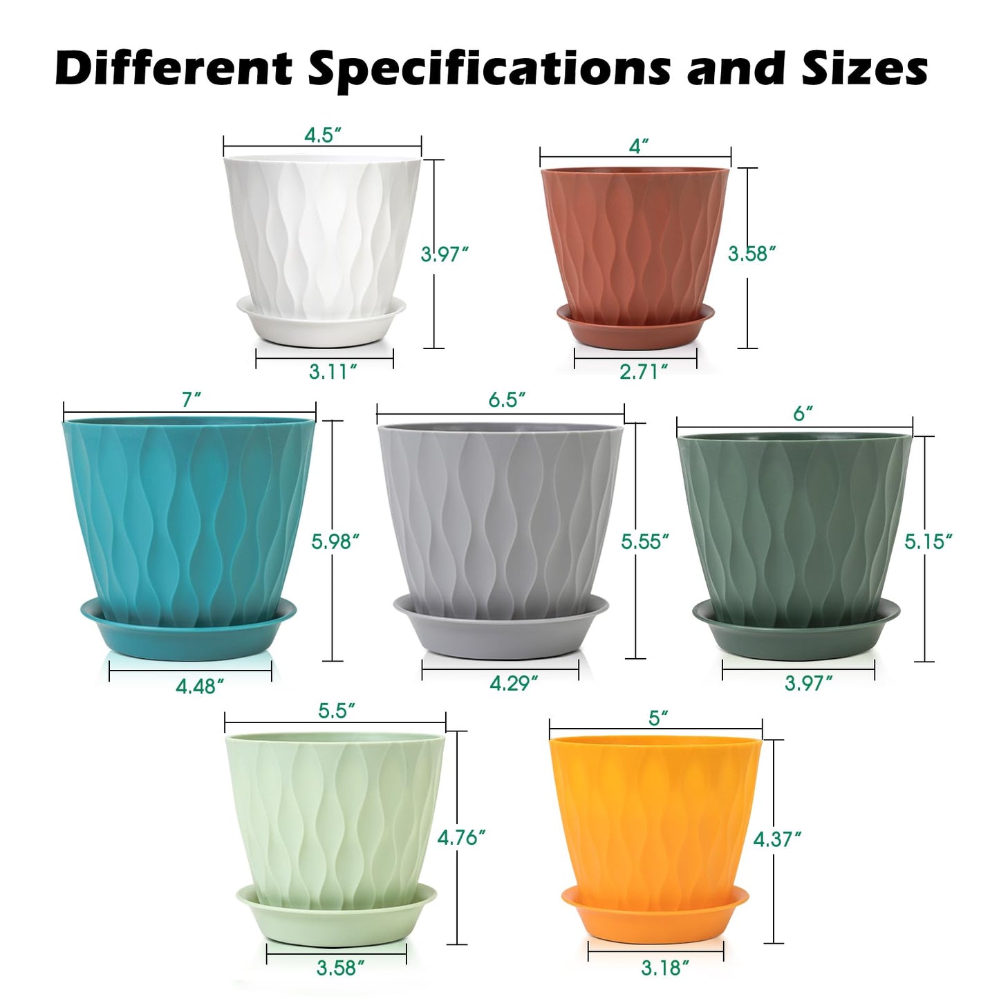 GARDIFE 7/6.5/6/5.5/5/4.5/4 inch Plant Pots, 7 Pack Flower Pots Indoor Outdoor, Planters with Drainage Holes and Tray Saucers (Color-Green)