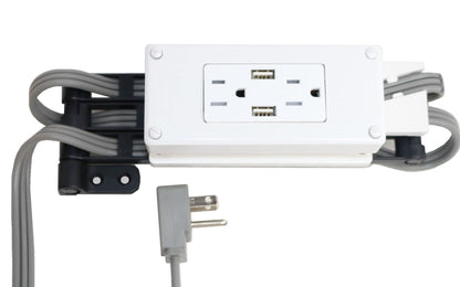 Compact in-Drawer Outlet with Cord Management Arm (2) USB-A Ports (2) 15 Amp Plugs fits Narrow and Shallow Drawers