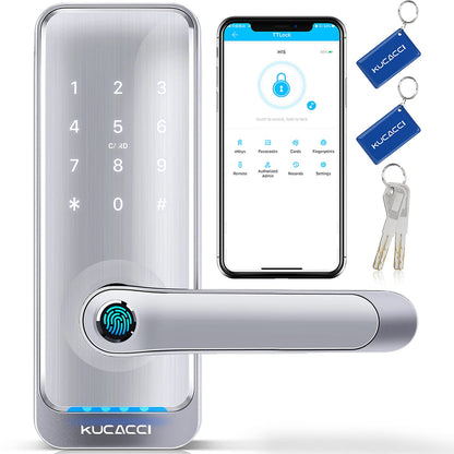 Smart Door Lock with Handle: Kucacci Keyless Entry Digital Door Lock for Front Door - Fingerprint Keypad Smart Dnob - Generate Passcode Remotely - App Control - Easy Installation(Black)