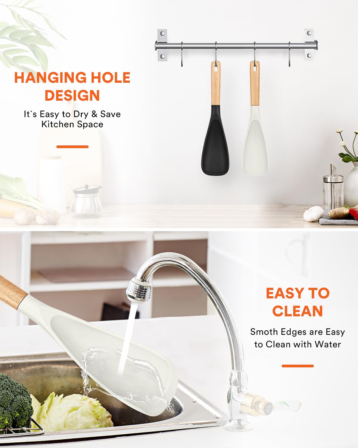Cooking Spoon for Nonstick Cookwares, Great for Cooking and Serving Sturdy BPA-Free Matte Silicone, Wood Handle Spoon for Mixing, Scoop, and Scrape (Black & White, 11.4 inch)