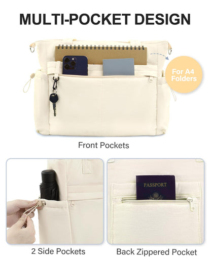 Tote Bag for Women, Puffer Work Tote Bag with 15.6 Inch Padded Compartment and Cup Holder, Shoulder Bag Handbag with Zipper for Travel Teacher Nurse, Beige