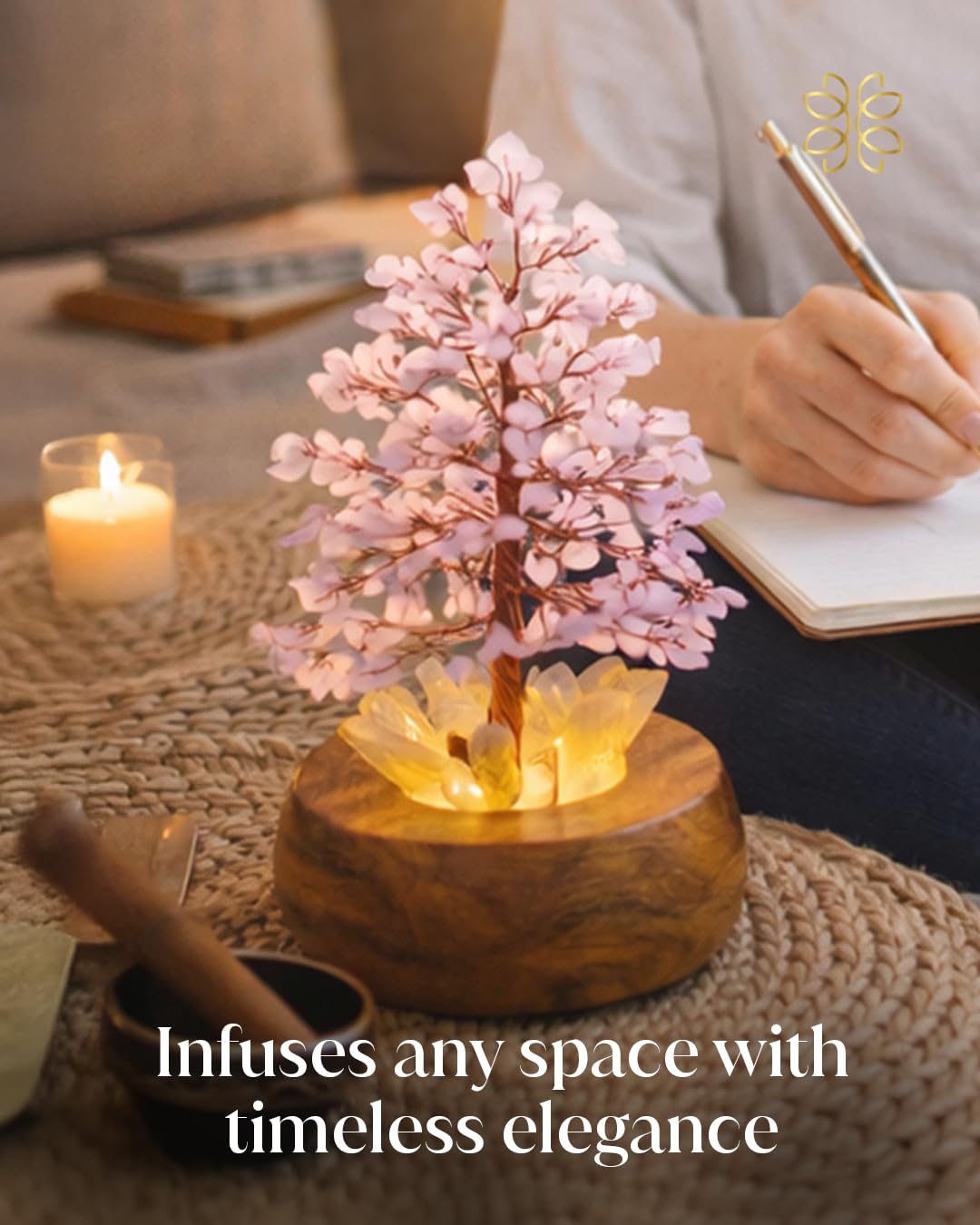 Rose Crystal Tree of Life with LED Light, Handcrafted Gemstone Bonsai on Quartz Base & Acacia Wood Stand – Spiritual Home & Office Décor, Feng Shui,Gift for Women