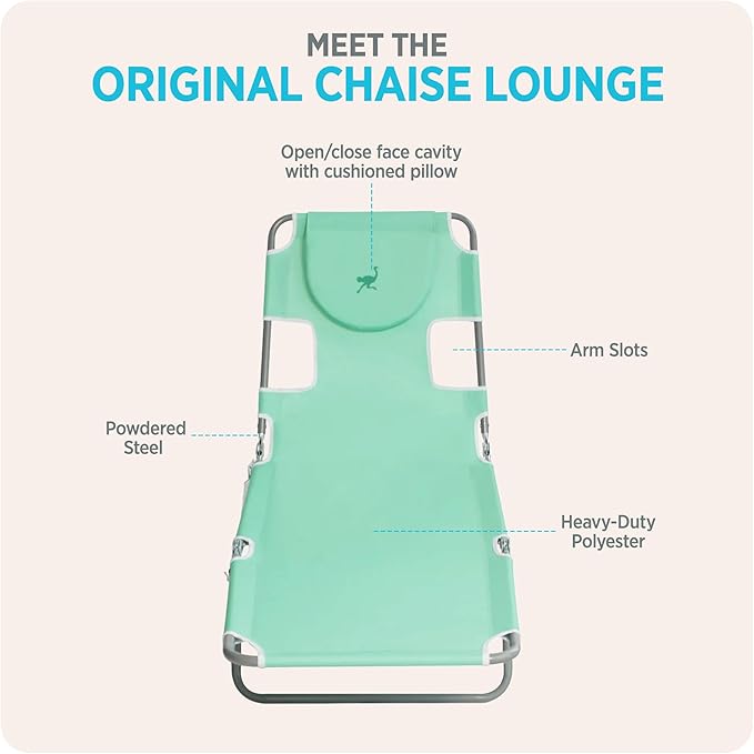 Ostrich 4-Position Outdoor Chaise Lounge w/Face Cushion & Arm Holes, Teal - Lightweight Folding Lounger w/Adjustable Reclining Backrest, Portable w/Carry Strap, 250 lb Weight Capacity