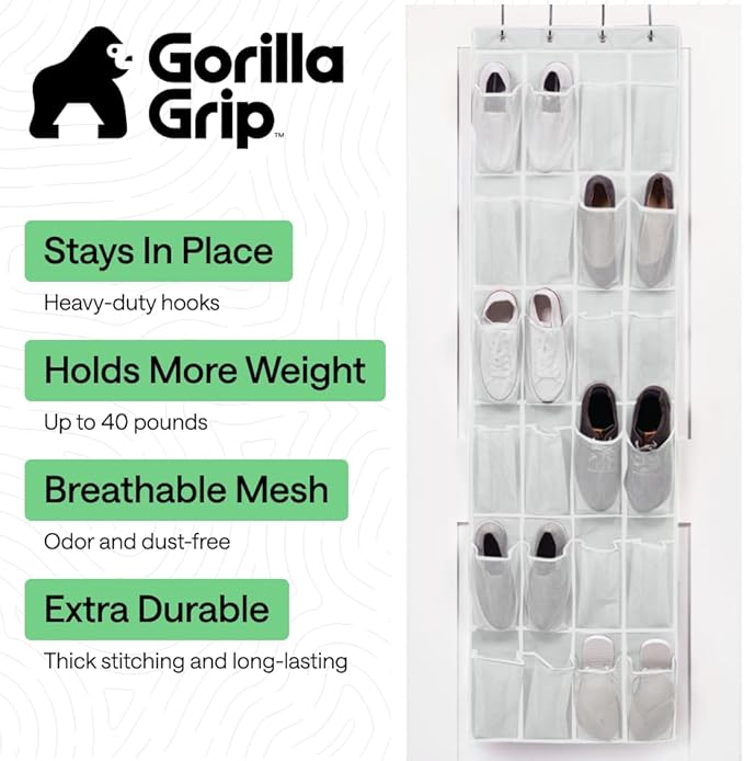GORILLA GRIP Over the Door Shoe Organizer, 2 Pack, 24 Breathable Mesh Pockets