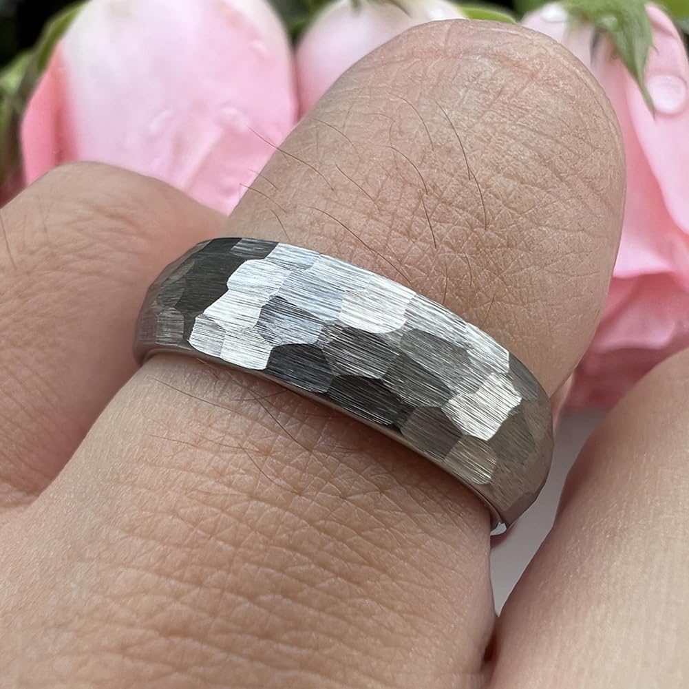 TUTISS 6mm Hammered Tungsten Rings for Men Women Fashion Engagement Wedding Bands Domed Matte Finish Comfort Fit Size 6