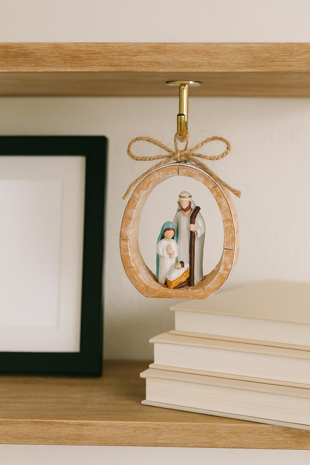 Holy Family Oval Nativity Set Hanging Christmas Ornament, Hand-Painted Resin with Jute Bow, Rustic Faux-Wood Ring, Religious Gift Xmas Tree/Wreath Décor (Nativity Scene)