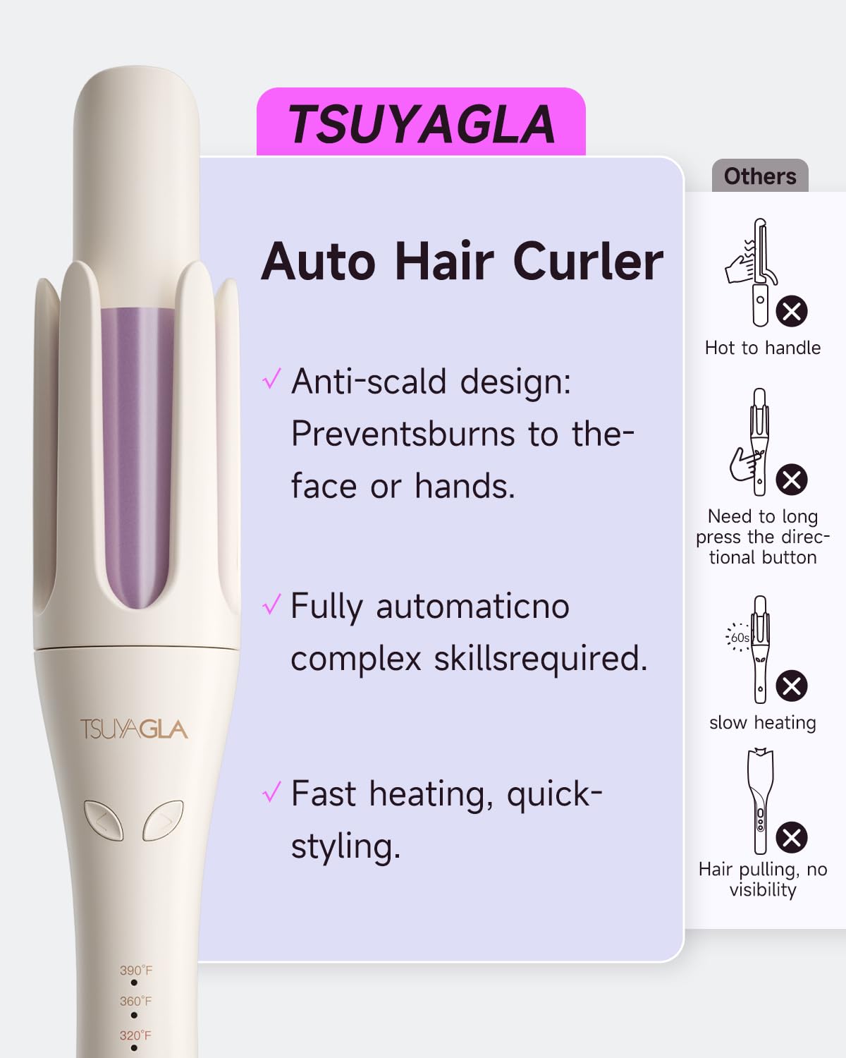 Automatic Curling Iron,1 1/4 Hair Curler with 3 Temperatures, 10S Fast Heating, 2-Way Rotation, 30 Min Auto Shut-Off, 500 Million Ionic, Anti-Scald-Tangle for Long Hair