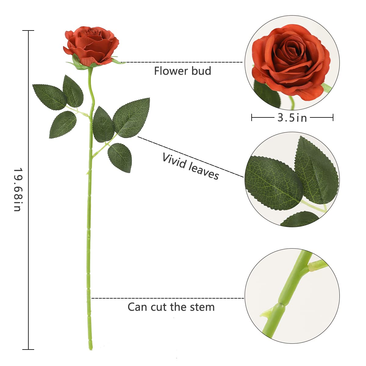 Veryhome 10 Pcs Artificial Roses Silk Flowers Fake Single Stem Rose Bud Bridal Bouqets For Wedding Home Birthday Party Arrangment Garden Decoration (Burnt Orange)