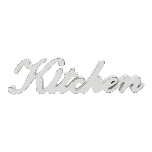 CVHOMEDECO. Rustic Vintage Distressed White Wooden Words Sign Free Standing "Kitchen" Desk/Table/Shelf/Door/Home Wall Decoration Art, 15-1/2 x 4-1/4 x 1 Inch