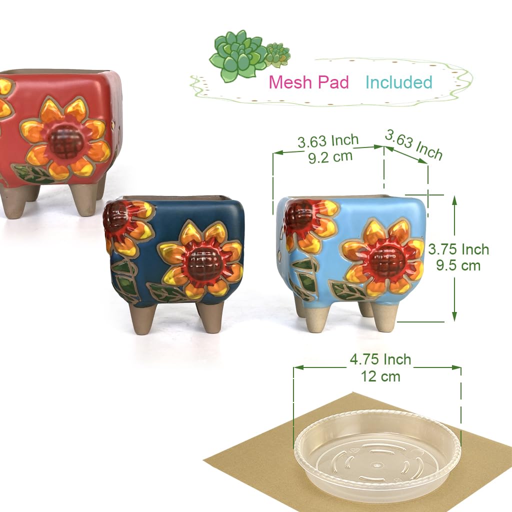 Summer Impressions 3.63 Inch Hand Painted Square Succulent Planter with Drainage and Clear Plastic Saucers Cactus Planter Pot Clay Pot Sunflowers Indoor Outdoor Pack of 3