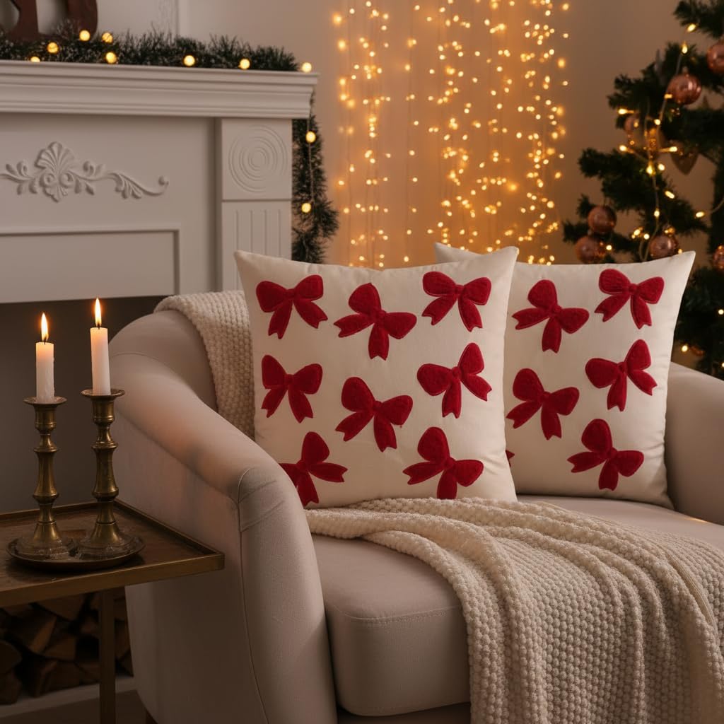 Tosleo Red Bows Pillow Covers 18 x 18 inch Set of 2 Velvet Embroidery Throw Pillow Cover Merry Xmas Party Decor Pillowcase Winter Holiday Cushion Case